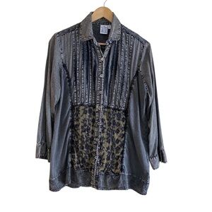 Parlsey & Sage Blouse Woman XL Grey Embroidery Pleated Fairy Core Forest Boho